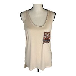 POL‎ Tank Top Womens Sz M Ivory Azimetrical, Boho Azteca Embroidered Crochet